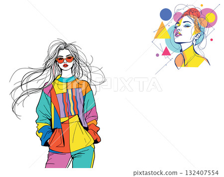 Vsai fashion model wearing colorful clothes and sunglasses with abstract geometric shapes 132407554