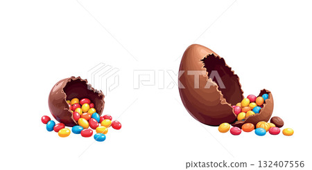 Vsai broken chocolate easter eggs spilling colorful candies Vsai broken chocolate easter eggs spilling colorful candies 132407556