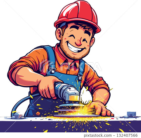 Vsai smiling worker grinding metal creating sparks 132407566