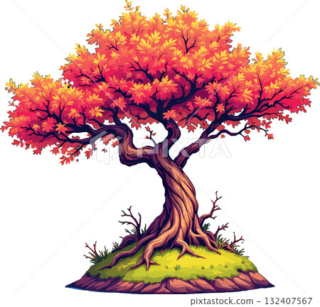 Vsai stylized autumn tree growing on green hill 132407567