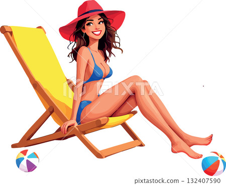Vsai smiling woman relaxing on beach chair, enjoying summer vacation Vsai smiling woman relaxing on beach chair, enjoying summer vacation 132407590