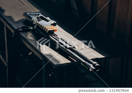 Old west sheriff star badge with gun, holster and gun belt  132407604