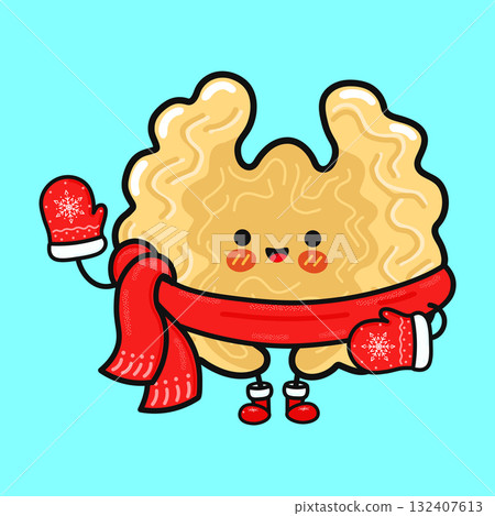 Cute walnut character wearing winter scarf and mittens 132407613