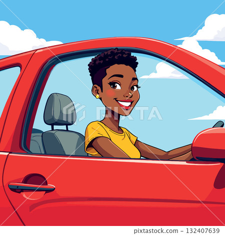Vsai smiling young black woman driving red car 132407639