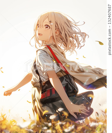 A girl walking with her hair blowing in the wind - An anime illustration of youth wrapped in dazzling light 132407687