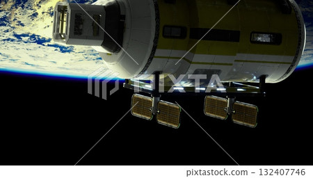 A spacecraft is positioned in low Earth orbit, showcasing its solar panels and structural details against the backdrop of the blue planet. 132407746
