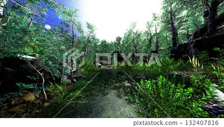 A serene forest oasis showcases lush greenery and vibrant foliage surrounding a still pond. Sunlight filters through the trees, creating a tranquil atmosphere in this enchanting landscape. A serene forest oasis showcases lush greenery and vibrant foliage surrounding a still pond. Sunlight filters through the trees, creating a tranquil atmosphere in this enchanting landscape. 132407816