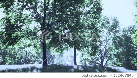 Majestic tall trees with lush green foliage stand on a gentle hill underneath bright sunlight. The grass is vibrant, creating a peaceful summer atmosphere. 132407843