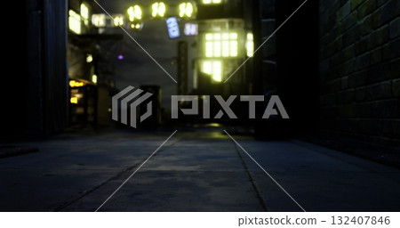 Dimly lit alleyway showcases reflections and shadows under vibrant city lights. The atmosphere exudes mystery, inviting exploration in a bustling urban environment. 132407846