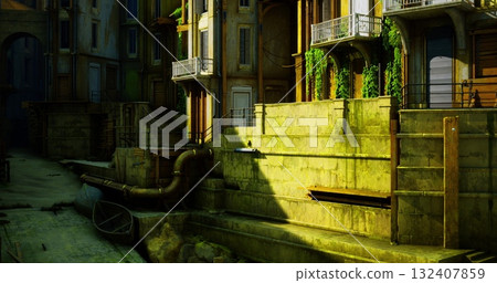 Sunlight bathes an abandoned urban area, illuminating ivy covered walls and dusty pathways. A still waterway flows alongside the vibrant greenery, creating an atmospheric setting. Sunlight bathes an abandoned urban area, illuminating ivy covered walls and dusty pathways. A still waterway flows alongside the vibrant greenery, creating an atmospheric setting. 132407859