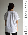 Relaxed fit cotton tee model, Back view of woman wearing plain cotton tshirt model for branding 132407867