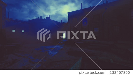 A dimly lit alleyway reveals a glowing door against a backdrop of dark buildings. The atmosphere is eerie, with shadows cast by the twilight sky and clouds. 132407890