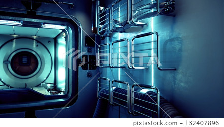 The interior of a module on the International Space Station reveals a futuristic design with metallic shelves and blue ambient lighting. 132407896