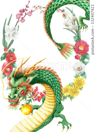 New Year's card with a dragon holding an analog watercolor ball 132407921