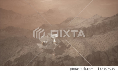 Amidst the breathtaking terrain of Mars, Oportunity rover navigates rocky hills under a dusty sky. Its mission is to uncover ancient secrets and study the planets geology. 132407939