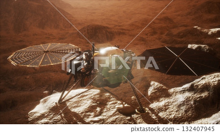 On the rocky terrain of Mars, the Insight lander stands equipped for exploration. On the rocky terrain of Mars, the Insight lander stands equipped for exploration. 132407945