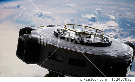 state-of-the-art laboratory built with metal and glass, resembling a spacecraft, spinning around the planet. elements furnished by nasa state-of-the-art laboratory built with metal and glass, resembling a spacecraft, spinning around the planet. elements furnished by nasa 132407952