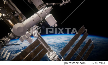 A breathtaking view captured from the perspective of a space station orbiting Earth. The blue planet glimmers below, showcasing its beauty against the vast cosmos. A breathtaking view captured from the perspective of a space station orbiting Earth. The blue planet glimmers below, showcasing its beauty against the vast cosmos. 132407961