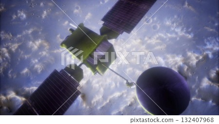 A global surveyor spacecraft is shown navigating through the depths of space, surrounded by distant stars and a colorful planet. Its solar panels extend as it collects data. 132407968