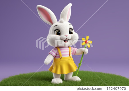 手持花朵的卡通兔子形象 132407970