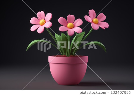 粉色花盆中盛开的三朵卡通花朵 132407995