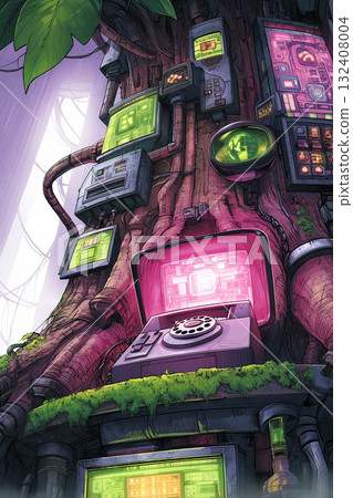 Digital AI Forest. Surreal Cyberpunk Digital Illustration Digital AI Forest. Surreal Cyberpunk Digital Illustration 132408004