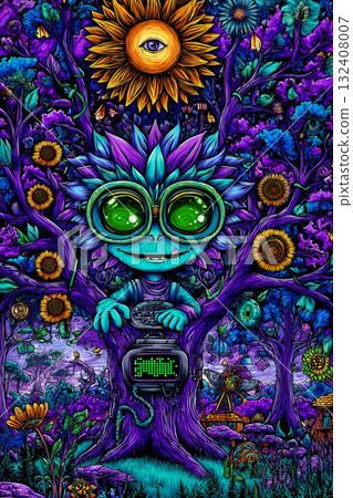 Digital AI Forest. Surreal Cyberpunk Digital Illustration 132408007