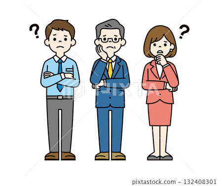 全身向量插圖集，包括男性和女性辦公室職員和總統，他們表情困惑，雙臂交叉 — 顏色 132408301