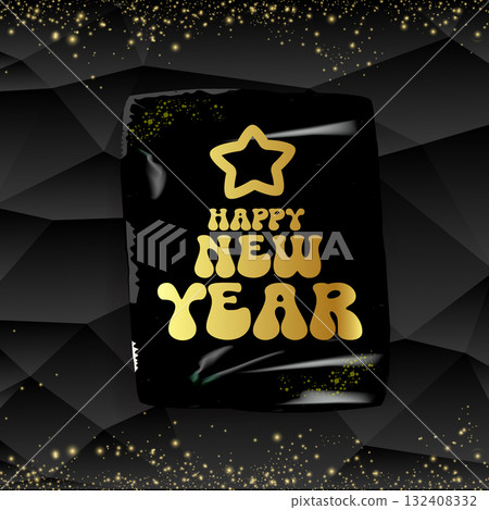 happy New year stylish black square banner with golden text. Vintage Gold New year day motto sticker, tag, retro label, banner, ribbon, label png with quote. New year text banner 132408332