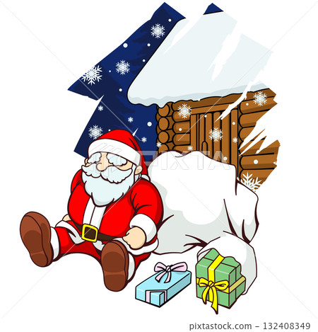 Santa Claus taking a rest in front of his hut on a snowy night Santa Claus taking a rest in front of his hut on a snowy night 132408349
