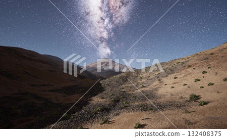 Under a clear starry sky, the stunning view of a mountain range captivates. The Milky Way stretches across the heavens, illuminating the desert terrain below with its brilliance. 132408375