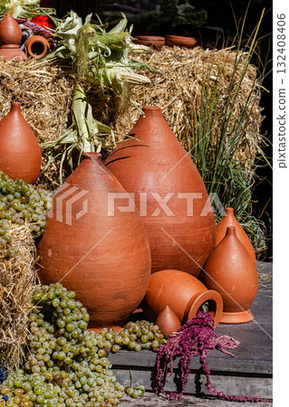 installation with ripe grape on street market 132408406