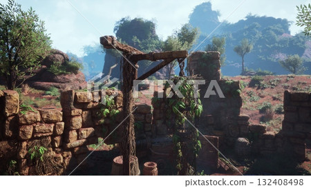 Weathered stone walls intertwined with plants create a striking contrast to the rugged rocks and greenery under a clear blue sky, evoking a sense of history and natures reclamation. Weathered stone walls intertwined with plants create a striking contrast to the rugged rocks and greenery under a clear blue sky, evoking a sense of history and natures reclamation. 132408498