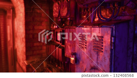 A narrow urban alleyway is lined with old electrical panels. Neon lights cast vibrant hues of red and purple, creating a moody, atmospheric setting typical of city nightlife. 132408568
