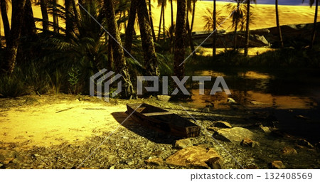 A tranquil tropical environment features a solitary wooden boat resting on the sandy shore. Towering palm trees frame the area, casting shadows on the ground. 132408569