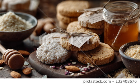 Delicious selection of homemade cookies on a rustic wooden table with honey and almonds 132408676