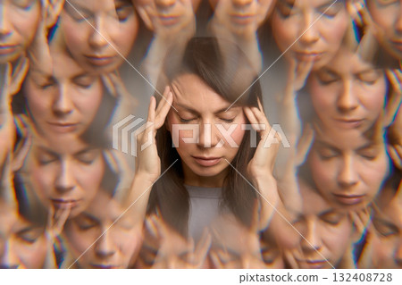 Woman experiencing migraine with eyes closed and hands on temples, Woman experiencing migraine with eyes closed and hands on temples, 132408728