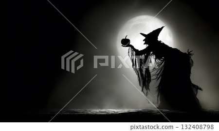 Fool moon with a Witch holding a Jack-o'-lantern Fool moon with a Witch holding a Jack-o'-lantern 132408798