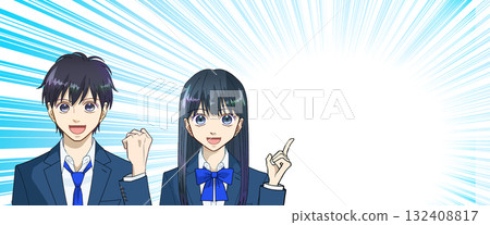 高中或國中男生和女生的動漫風格插畫,清爽的藍色濃縮線條漫畫風格背景 高中或國中男生和女生的動漫風格插畫,清爽的藍色濃縮線條漫畫風格背景 132408817