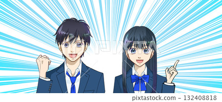 高中或國中男生和女生的動漫風格插畫,清爽的藍色濃縮線條漫畫風格背景 高中或國中男生和女生的動漫風格插畫,清爽的藍色濃縮線條漫畫風格背景 132408818