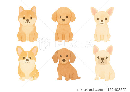 可愛的狗狗插圖集：豆柴犬、玩具貴賓犬、吉娃娃、柯基犬、臘腸犬、法國鬥牛犬 132408851