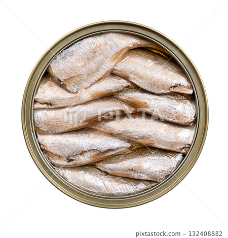 Sardines, with skin and bones, in vegetable oil, in a tin can, from above. Canned, wild caught sardines, European pilchards, Sardina pilchardus, small and oily fish, and source of omega-3 fatty acids. 132408882