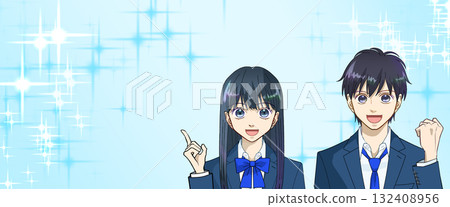 高中或初中男孩和女孩的動漫風格插圖,清爽的淺藍色閃閃發光的背景,可用的複製空間 高中或初中男孩和女孩的動漫風格插圖,清爽的淺藍色閃閃發光的背景,可用的複製空間 132408956