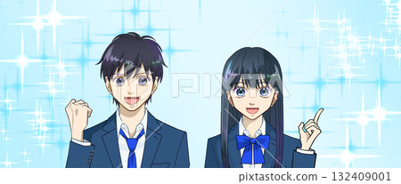 Anime-style illustration of high school or junior high school boys and girls, refreshing light blue sparkling background 132409001