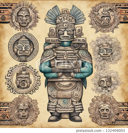 Aztec gods with ancient mesoamerican ornament on old paper 132409003