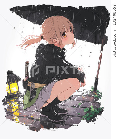 一個拿著劍的女孩站在雨中的街角，穿著黑色連帽衫，拿著雨傘，一幅寧靜的動畫插圖 132409058