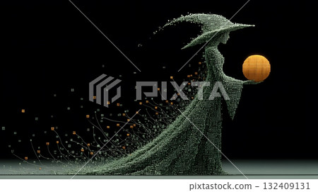 Fool moon with a Witch holding a Jack-o'-lantern. Digital Halloween 132409131