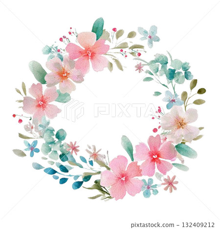 Pink flower and leaf wreath frame Pink flower and leaf wreath frame 132409212
