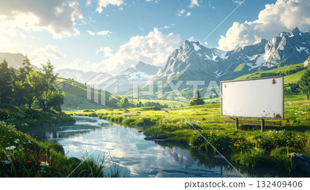 雪山、溪流和綠色草地之間的留言板（用於合成的空白標誌） 132409406