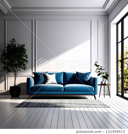 現代、經典、精緻的客廳，配有鮮豔的藍色沙發 132409413